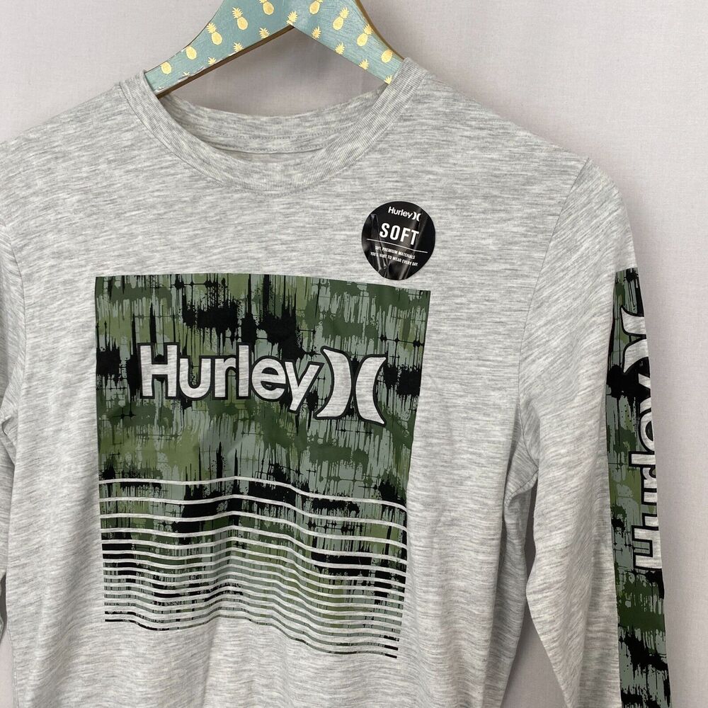 Hurley Long Sleeve T shirt Boys Large Gray Camo Spellout Logo NEW - Picture 7 of 8